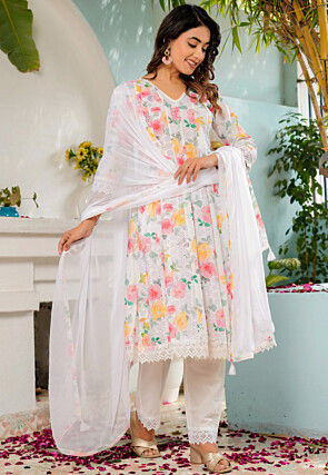 Printed Cotton Aline Suit in Off White