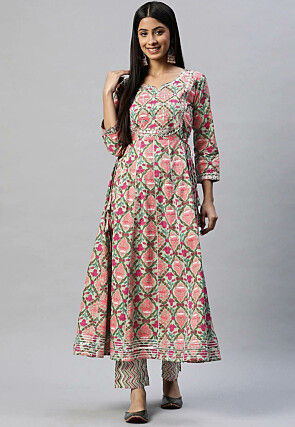 Printed Cotton Anarkali Kurta Set in Dusty Green