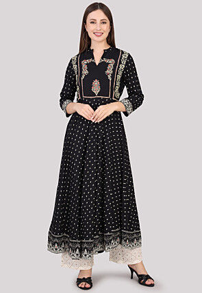 Printed Cotton Anarkali Suit in Black
