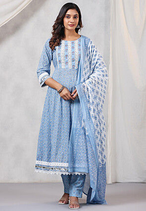 Printed Cotton Anarkali Suit in Blue