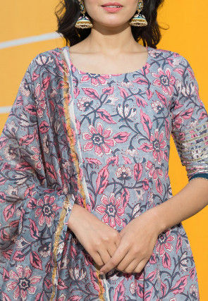 Printed Cotton Anarkali Suit in Grey and Pink