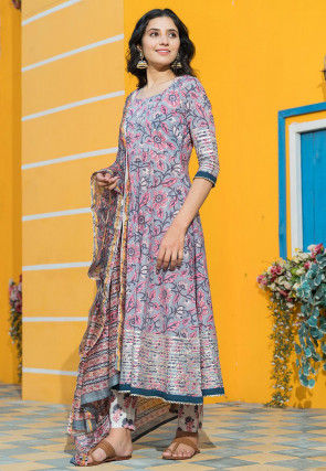Printed Cotton Anarkali Suit in Grey and Pink