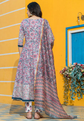 Printed Cotton Anarkali Suit in Grey and Pink