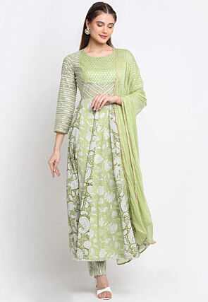 Printed Cotton Anarkali Suit in Light Green