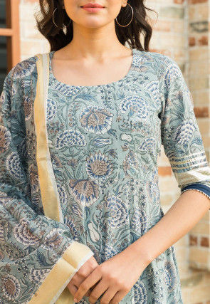 Printed Cotton Anarkali Suit in Light Grey
