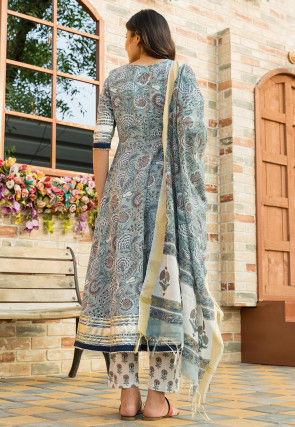 Printed Cotton Anarkali Suit in Light Grey