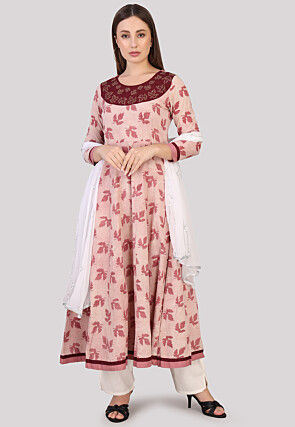 Printed Cotton Anarkali Suit in Light Peach