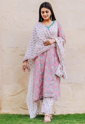 Printed Cotton Anarkali Suit in Light Pink