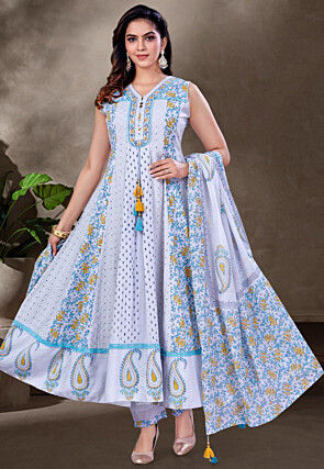 Printed Cotton Anarkali Suit in Light Purple