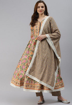 Printed Cotton Anarkali Suit in Light Yellow and Multicolor