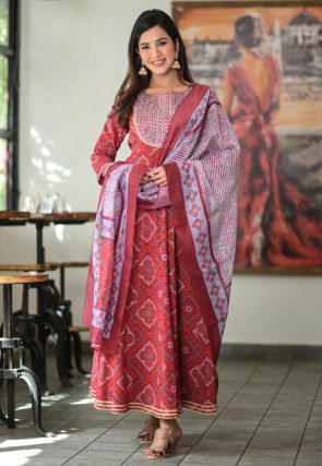 Printed Cotton Anarkali Suit in Maroon