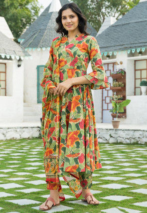 Printed Cotton Anarkali Suit in Multicolor