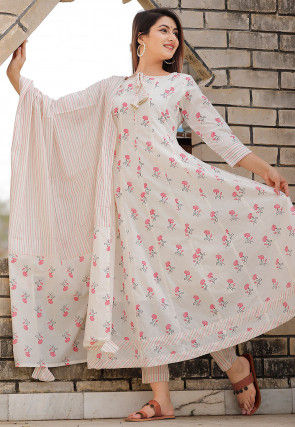 Printed Cotton Anarkali Suit in Off White