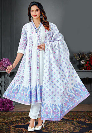 Printed Cotton Anarkali Suit in Off White