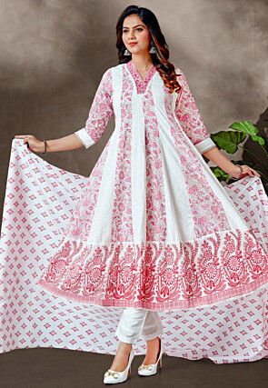 Printed Cotton Anarkali Suit in Off White