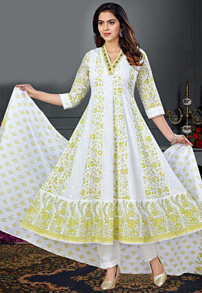 Printed Cotton Anarkali Suit in Off White
