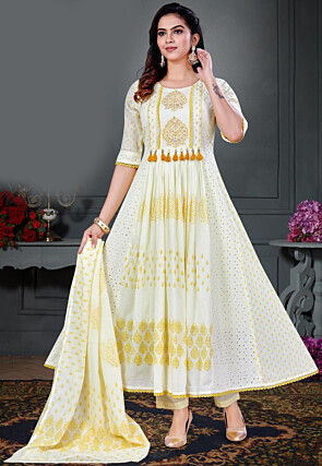 Printed Cotton Anarkali Suit in Off White