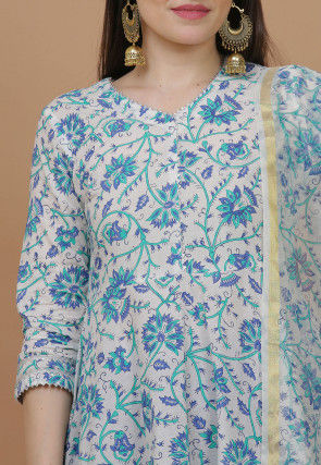 Printed Cotton Anarkali Suit in Off White