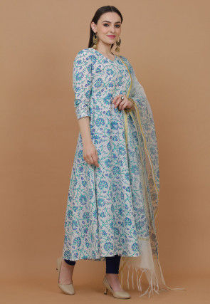Printed Cotton Anarkali Suit in Off White