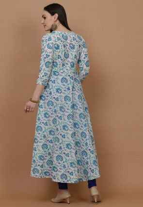 Printed Cotton Anarkali Suit in Off White