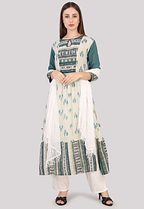 Printed Cotton Anarkali Suit in Off White