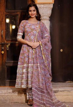 Printed Cotton Anarkali Suit in Old Rose