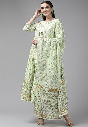 Printed Cotton Anarkali Suit in Pastel Green