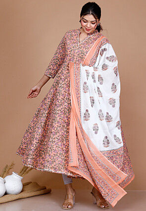 Printed Cotton Anarkali Suit in Peach