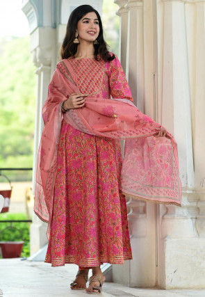 Printed Cotton Anarkali Suit in Peach