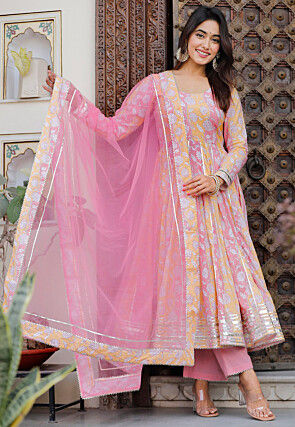 Printed Cotton Anarkali Suit in Pink and Yellow
