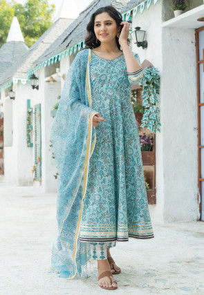 Printed Cotton Anarkali Suit in Sky Blue