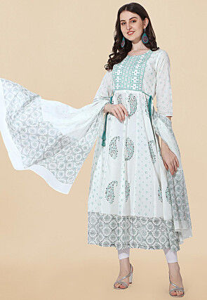 Printed Cotton Anarkali Suit in White