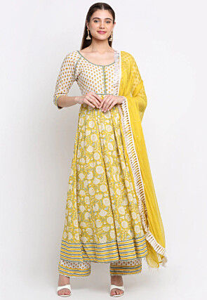 Printed Cotton Anarkali Suit in Yellow and Off White