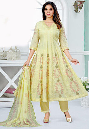 Printed Cotton Anarkali Suit in Yellow