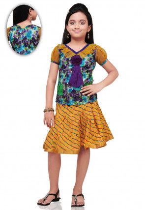 Printed Cotton and Dupion Silk Skirt Top in Purple and Mustard