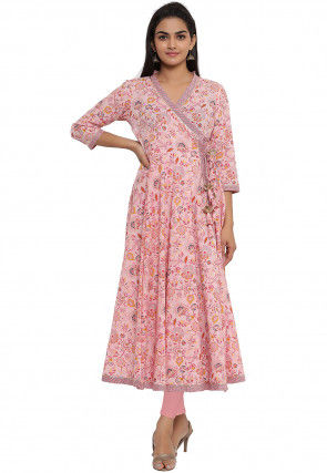 Printed Cotton Angrakha Style Anarkali Kurta in Light Pink