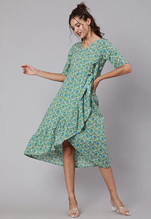 Printed Cotton Angrakha Style Dress in Dusty Green