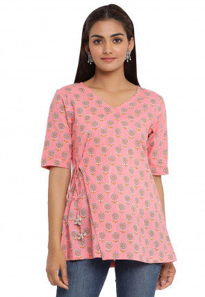 Printed Cotton Angrakha Style Top in Pink