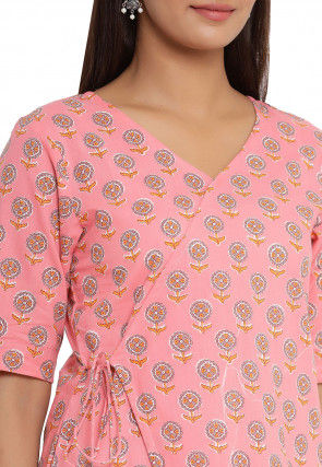 Printed Cotton Angrakha Style Top in Pink