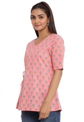 Printed Cotton Angrakha Style Top in Pink