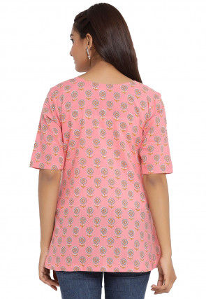 Printed Cotton Angrakha Style Top in Pink