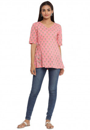 Printed Cotton Angrakha Style Top in Pink