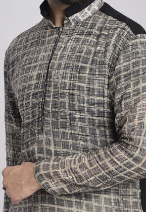 Printed Cotton Asymmetric Kurta in Grey and Black