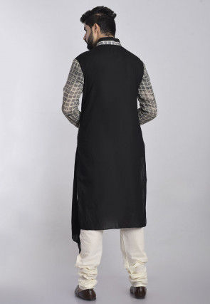 Printed Cotton Asymmetric Kurta in Grey and Black