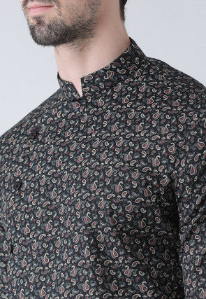 Printed Cotton Asymmetric Kurta Set in Black