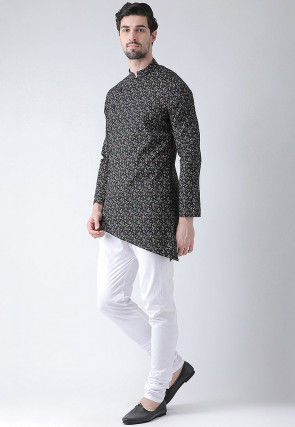 Printed Cotton Asymmetric Kurta Set in Black