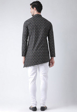 Printed Cotton Asymmetric Kurta Set in Black