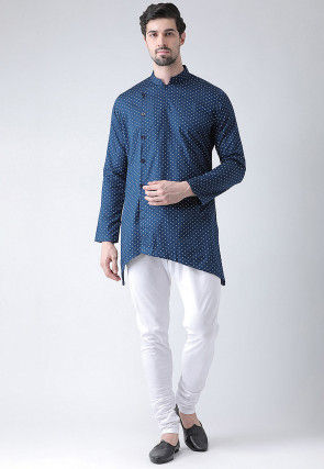 Printed Cotton Asymmetric Kurta Set in Navy Blue