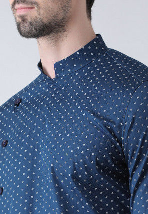 Printed Cotton Asymmetric Kurta Set in Navy Blue