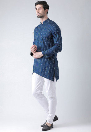 Printed Cotton Asymmetric Kurta Set in Navy Blue